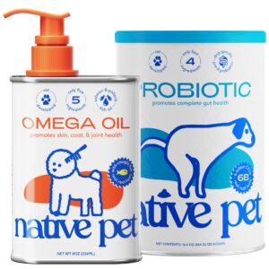 native pet probiotic for dogs & omega oil for dogs| vet created probiotic powder for dogs for digestive issues | 8 oz. omega oil & 16 oz. probiotic