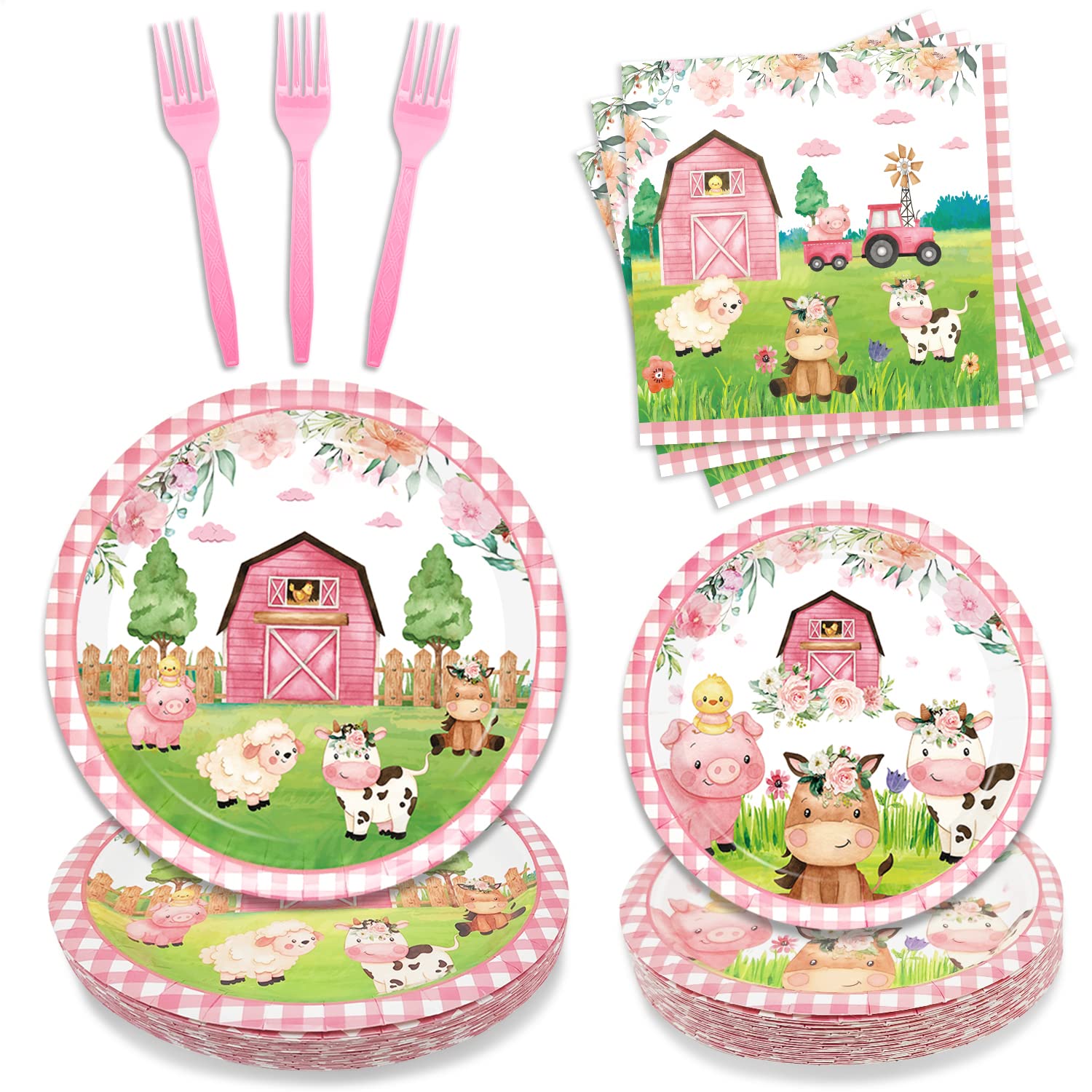 96PCS Farm Animals Party Supplies Tableware Set Farm Birthday Party Barn Animal Theme Party Cute Pink Animal Baby Shower Dessert Plate Dinner Plate Paper Napkins Forks Dinnerware for 24 Guests