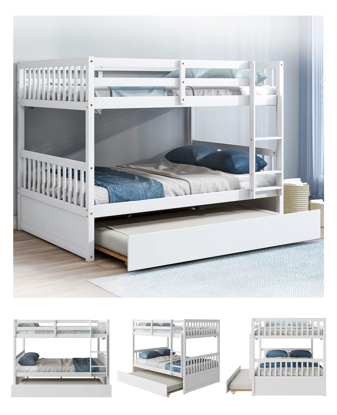 Tatub Full Over Full Bunk Bed with Trundle, Pine Wood Frame, Ladder and Guard Rails, Solid Bunk Bed with Trundle for Kids, Teens, Adults, No Box Spring Needed, Grey