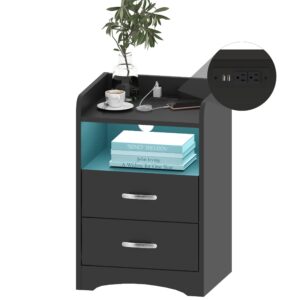 hoseoka nightstand with charging station and led lights, modern nightstands end table with 2 drawers with usb ports bedside tables for office living room bedroom (black)