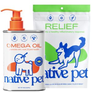 native pet omega oil for dogs - dog fish oil supplements & relief - anti-inflammatory chews for dogs | 60 dog chews | 8 oz. omega oil | best dog arthritis supplement & dog joint pain relief