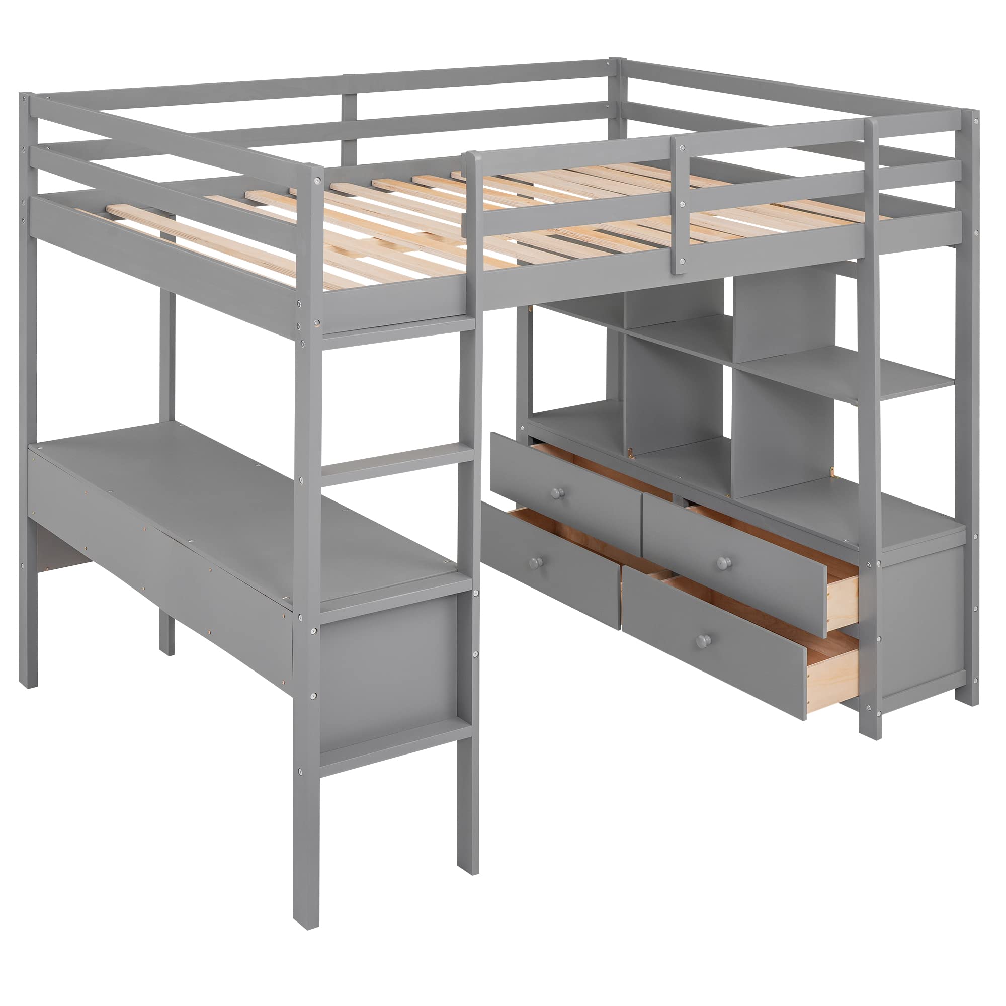 Bellemave Full Loft Bed with Desk and Storage Drawers Wood Beds Frame Bookcase Shelves for Dorm Bedroom Size Bunk Kids Adults Boys Girls Teens, Gray