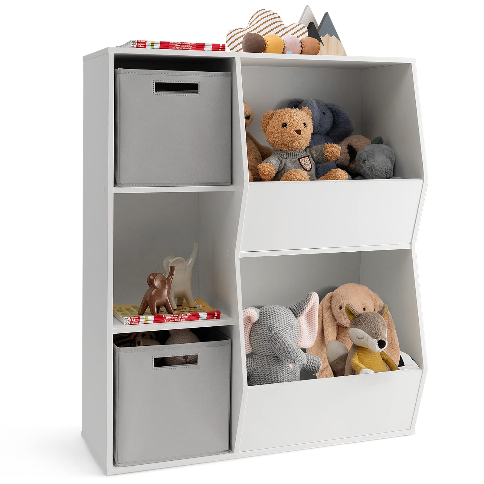 Costzon 5 Cubbies Kids Toy Storage Organizer with Bookcase, Children Bookshelf and Toy Storage Bins for Toddlers, Wooden Storage Cabinet for Play Room Living Room Nursery Daycare (White & Gray)