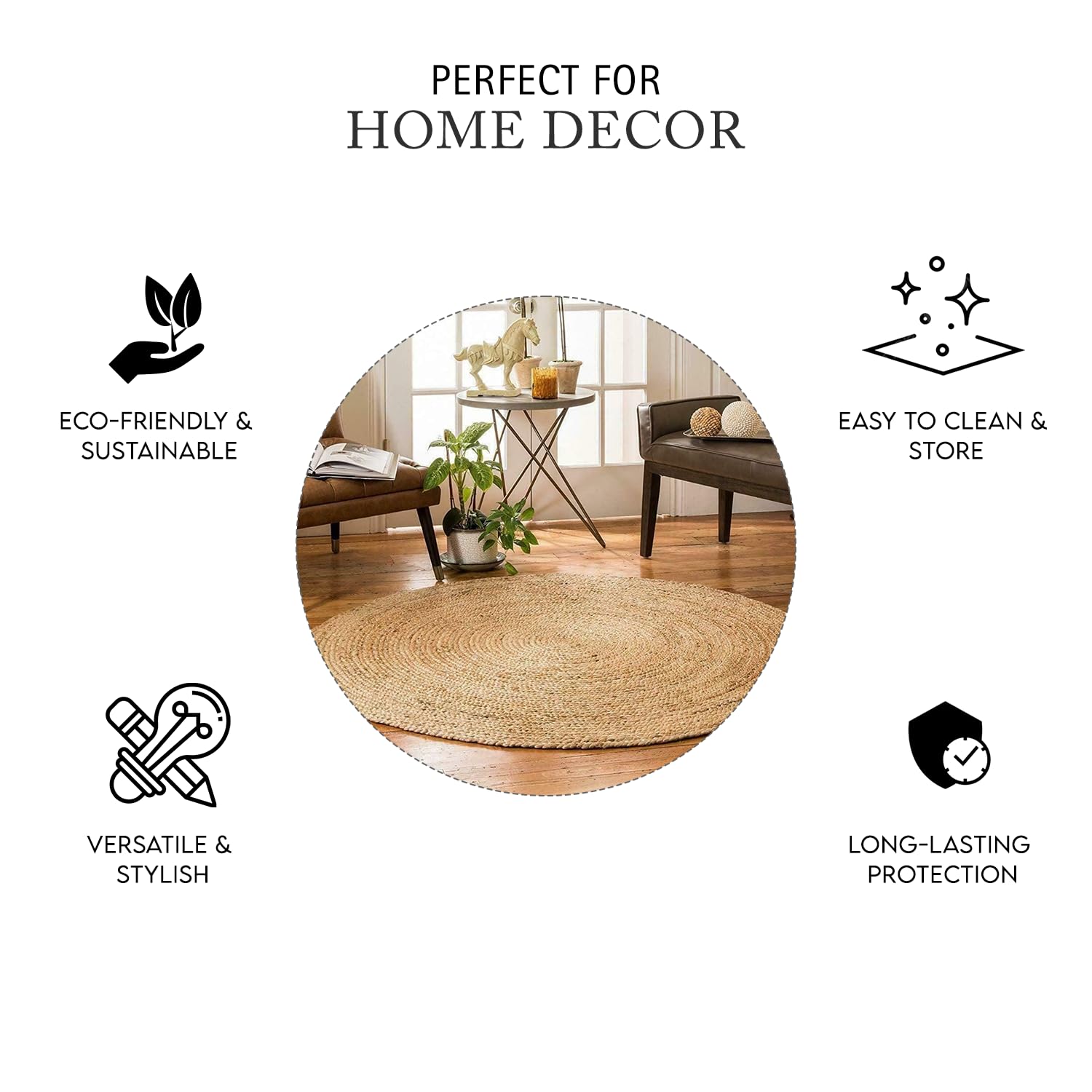 EXPORT PROFILE Handmade Reversible Round Area Rug, 2 Feet Natural Jute, Rustic Charm Home Decor for Kitchen Living Room