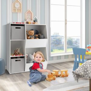 Costzon 5 Cubbies Kids Toy Storage Organizer with Bookcase, Children Bookshelf and Toy Storage Bins for Toddlers, Wooden Storage Cabinet for Play Room Living Room Nursery Daycare (White & Gray)