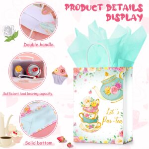 16 Pcs Tea Party Gift Bags with Tissue Paper Pink and Green Tea Party Goodie Treat Bags Spring Themed Bags Tea Baby Girl Paper Bags Floral Tea Party Supplies for Girl Kid Birthday Baby Shower Party