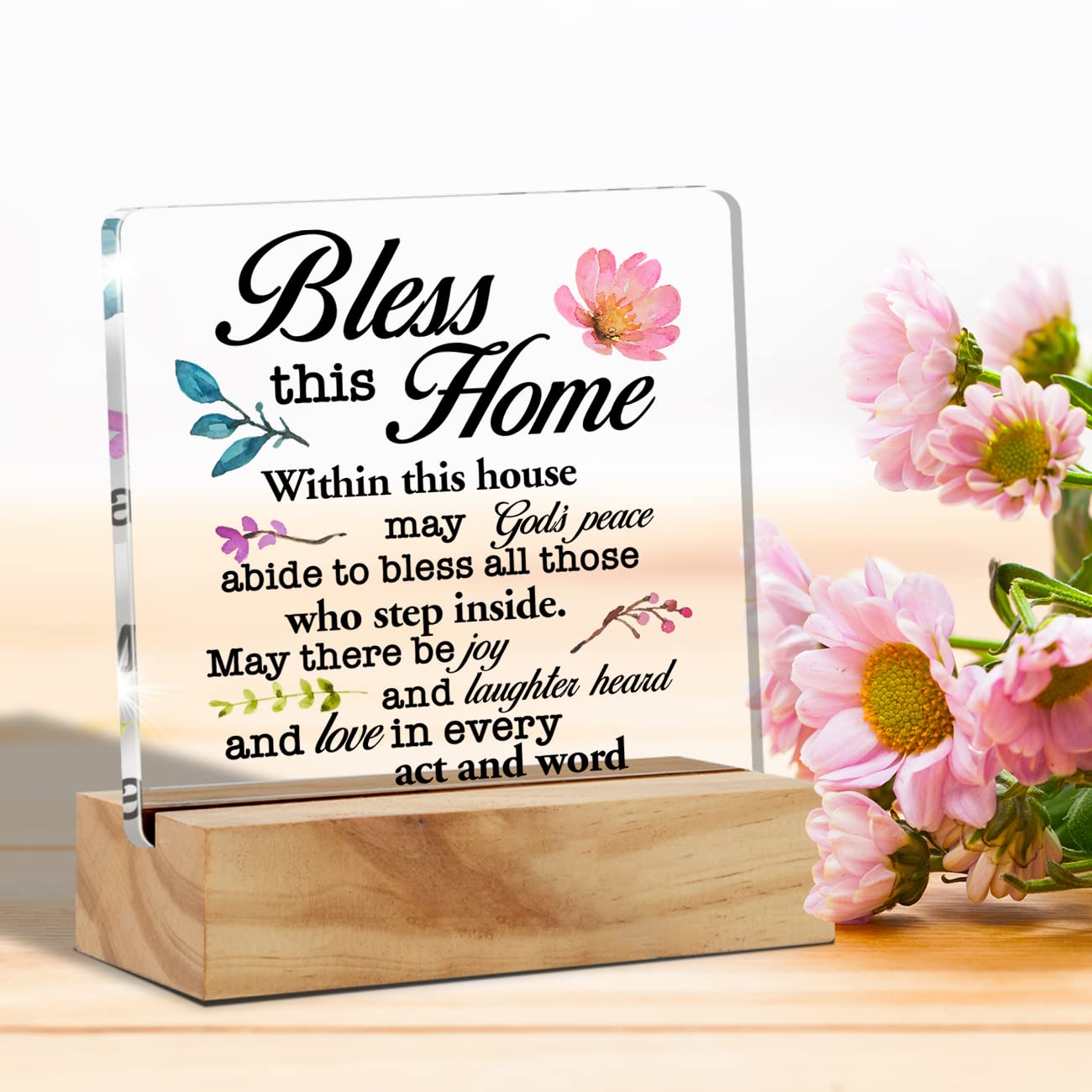 Inspirational House Warming Gifts Home Bless this Home Quote Desk Decor House Blessing Religious Acrylic Desk Plaque Sign with Wood Stand Home Office Desk Sign Keepsake