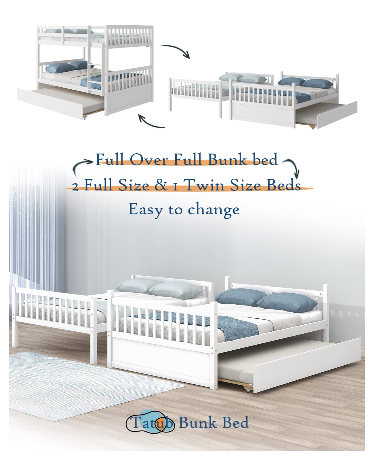 Tatub Full Over Full Bunk Bed with Trundle, Pine Wood Frame, Ladder and Guard Rails, Solid Bunk Bed with Trundle for Kids, Teens, Adults, No Box Spring Needed, Grey