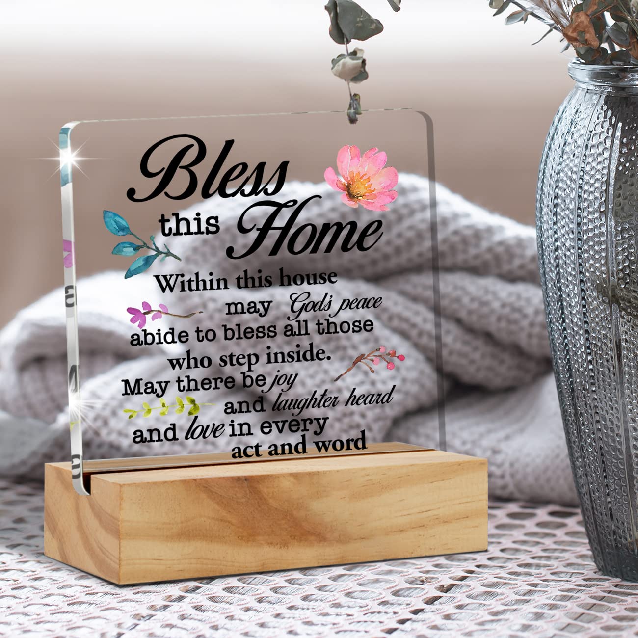 Inspirational House Warming Gifts Home Bless this Home Quote Desk Decor House Blessing Religious Acrylic Desk Plaque Sign with Wood Stand Home Office Desk Sign Keepsake