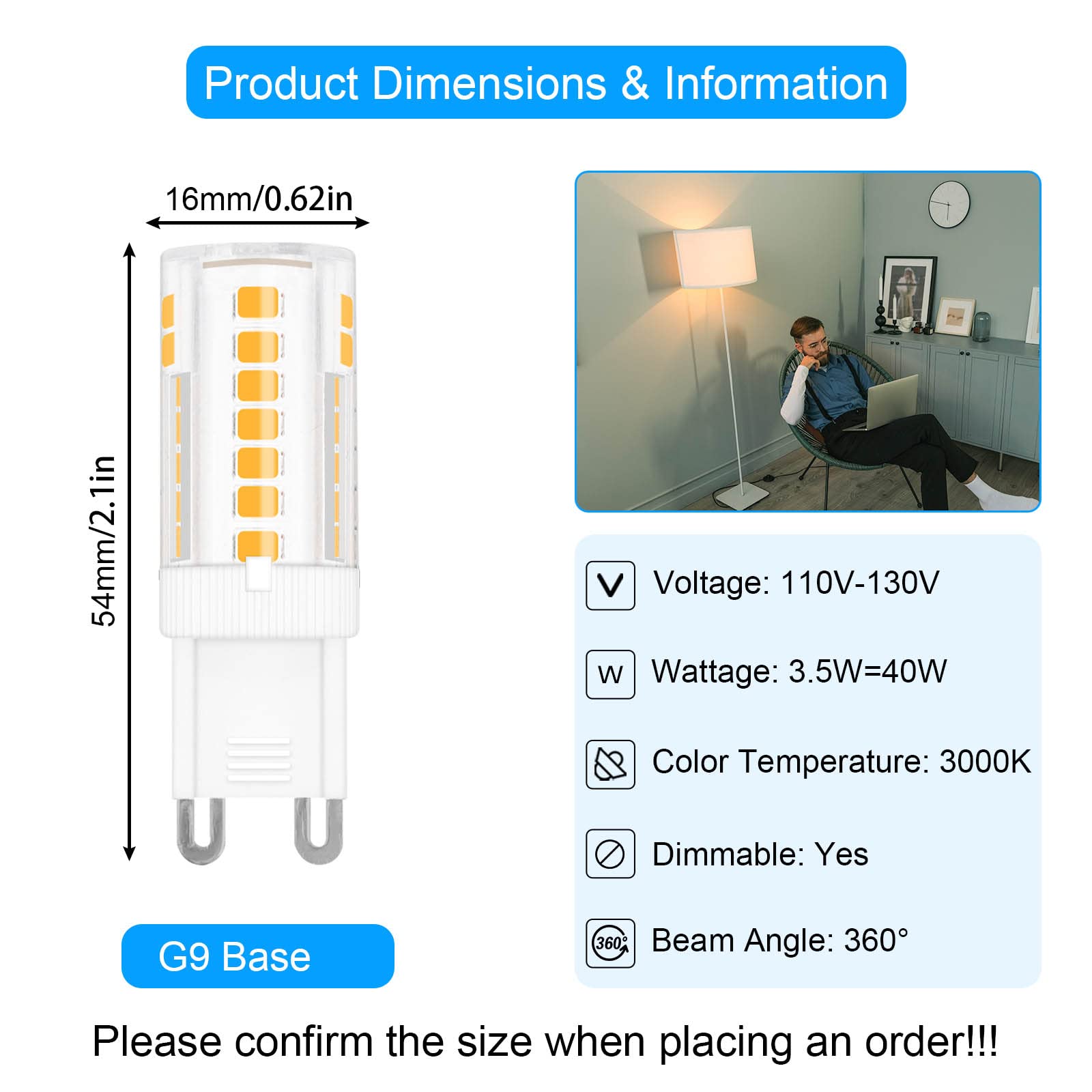 ZHENMING 3.5W G9 LED Bulb Dimmable 40W Halogen Equivalent, Warm White 3000K 460LM 120V G9 Bi Pin Base Light Bulbs for Chandelier Lighting, 5 Pack