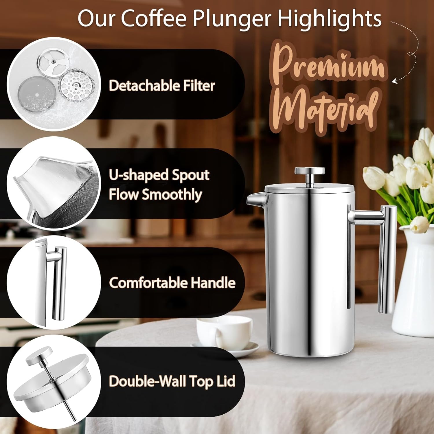 Miuly French Press Coffee Maker,21Oz Stainless Steel French Press with 3 Level Filtration System，Double Wall Insulated French Press with 4 Filters and 1 Metal Spoon