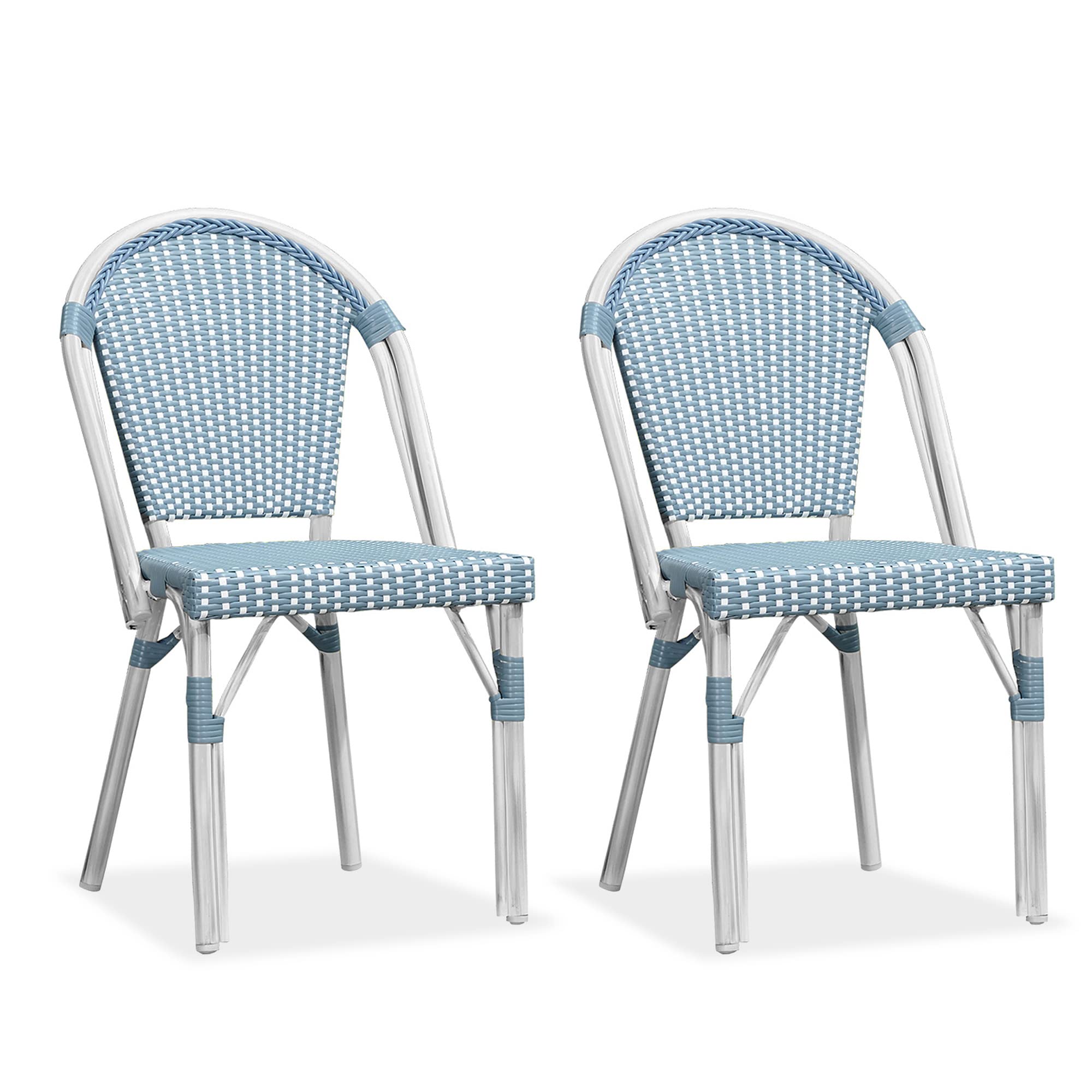 PURPLE LEAF Dining Chair Set of 2 Outdoor French Bistro Chairs Hand-Woven Aluminum Wicker Rattan Chairs for Garden Kitchen Backyard Porch White Print Finish Patio Chairs Light Blue