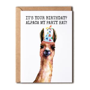 oysterspearl it's your birthday alpaca my party hat - birthday card - alpaca card - greeting card - funny happy birthday card - watercolor alpaca card