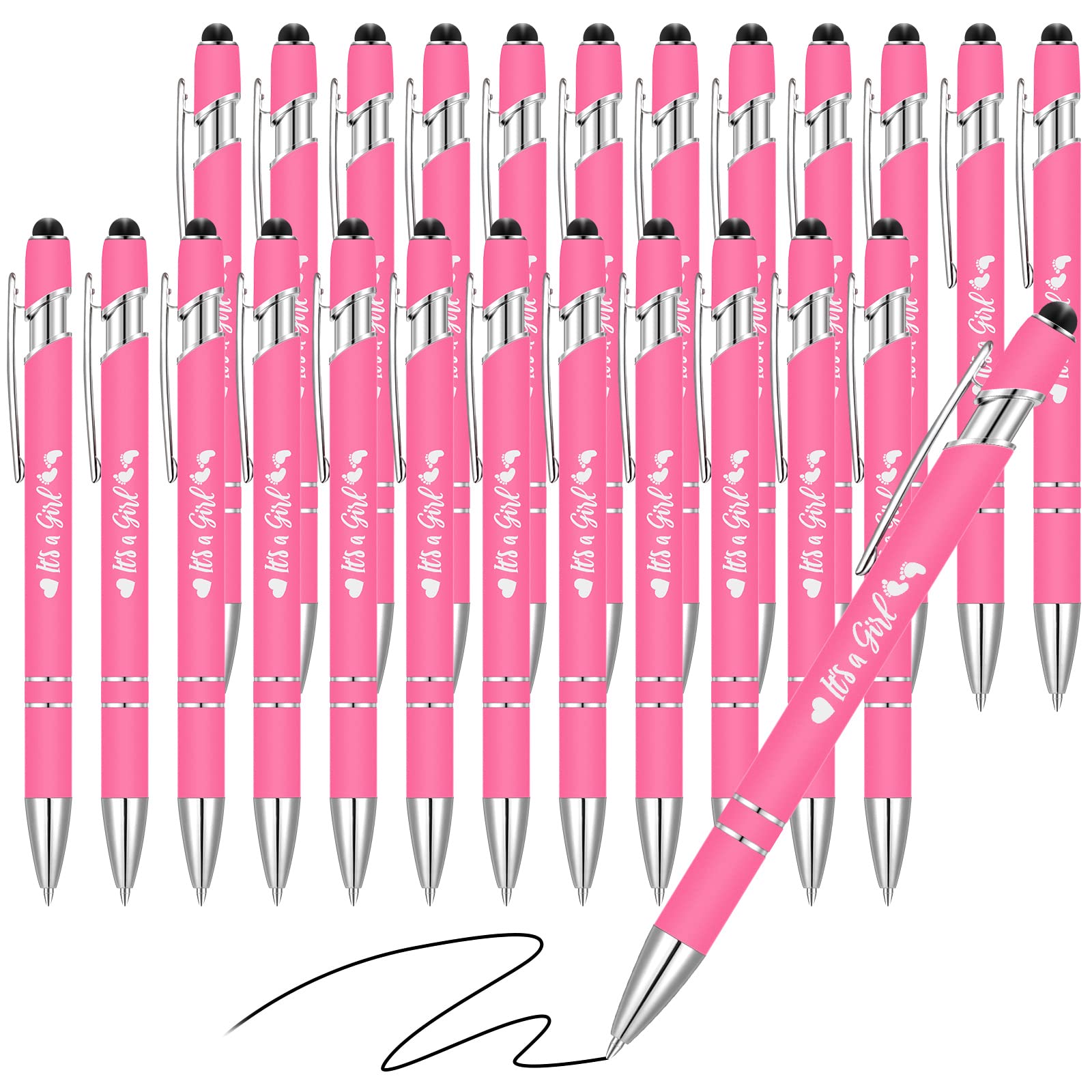 24 Pcs Baby Shower Rose Red Blue Pens It's a Boy/Girl Ballpoint Baby Shower Pens with Stylus Tip Black Ink Retractable Baby Shower Gel Ink Pens for Baby Shower Games Favors Decors (Rose Red, Girl)