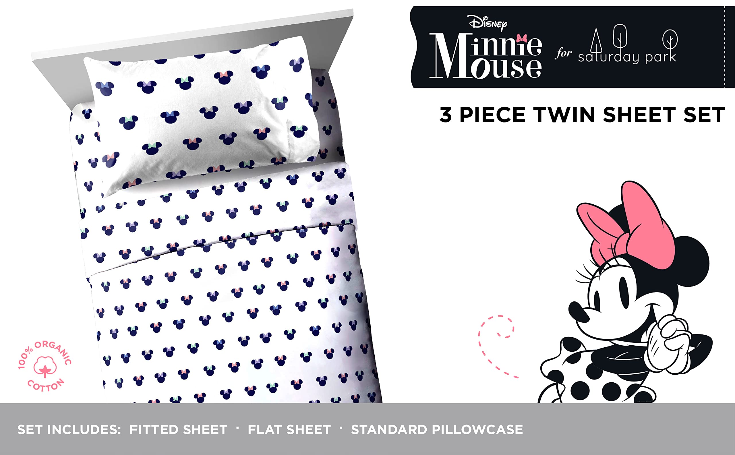 Saturday Park Disney Minnie Mouse Dreaming of Dots Twin Sheet Set - 3 Piece 100% Organic Cotton Sheets - GOTS & Oeko-TEX Certified (Disney Official)