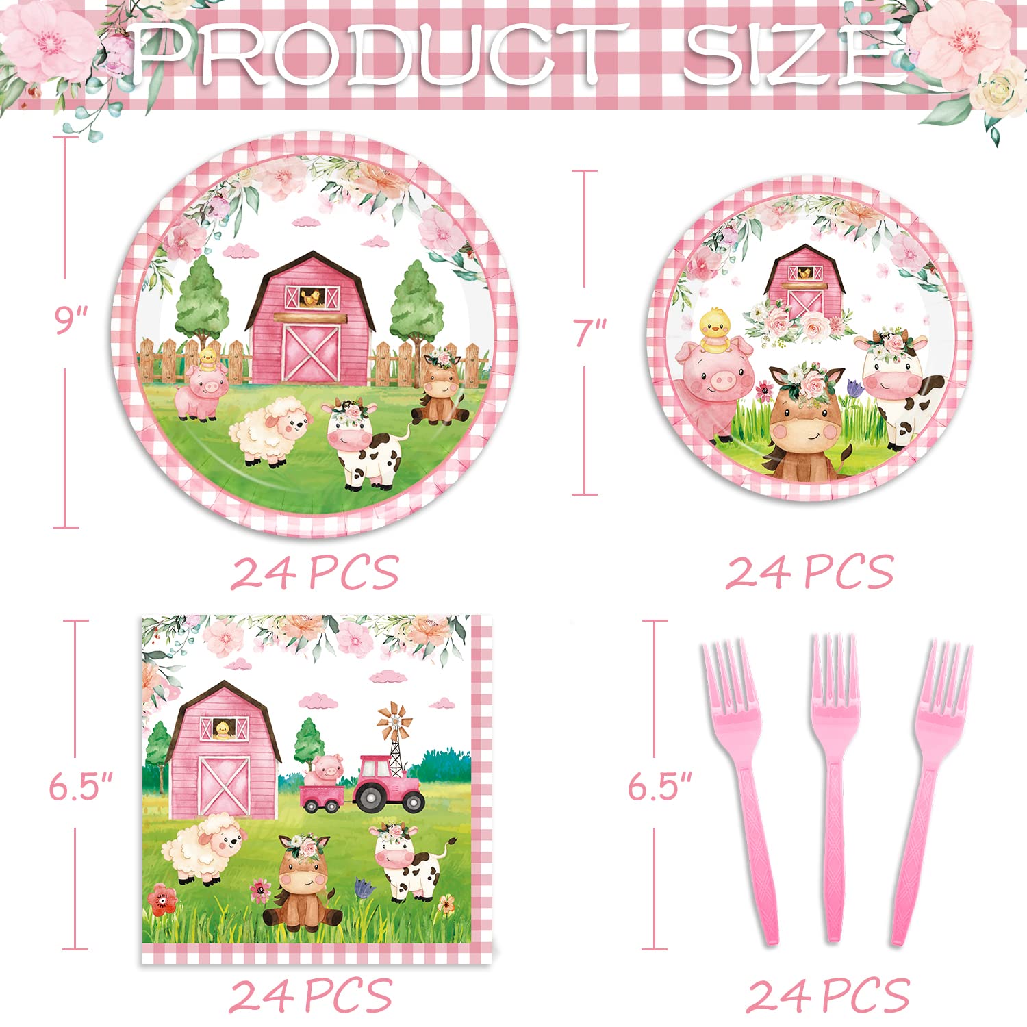 96PCS Farm Animals Party Supplies Tableware Set Farm Birthday Party Barn Animal Theme Party Cute Pink Animal Baby Shower Dessert Plate Dinner Plate Paper Napkins Forks Dinnerware for 24 Guests