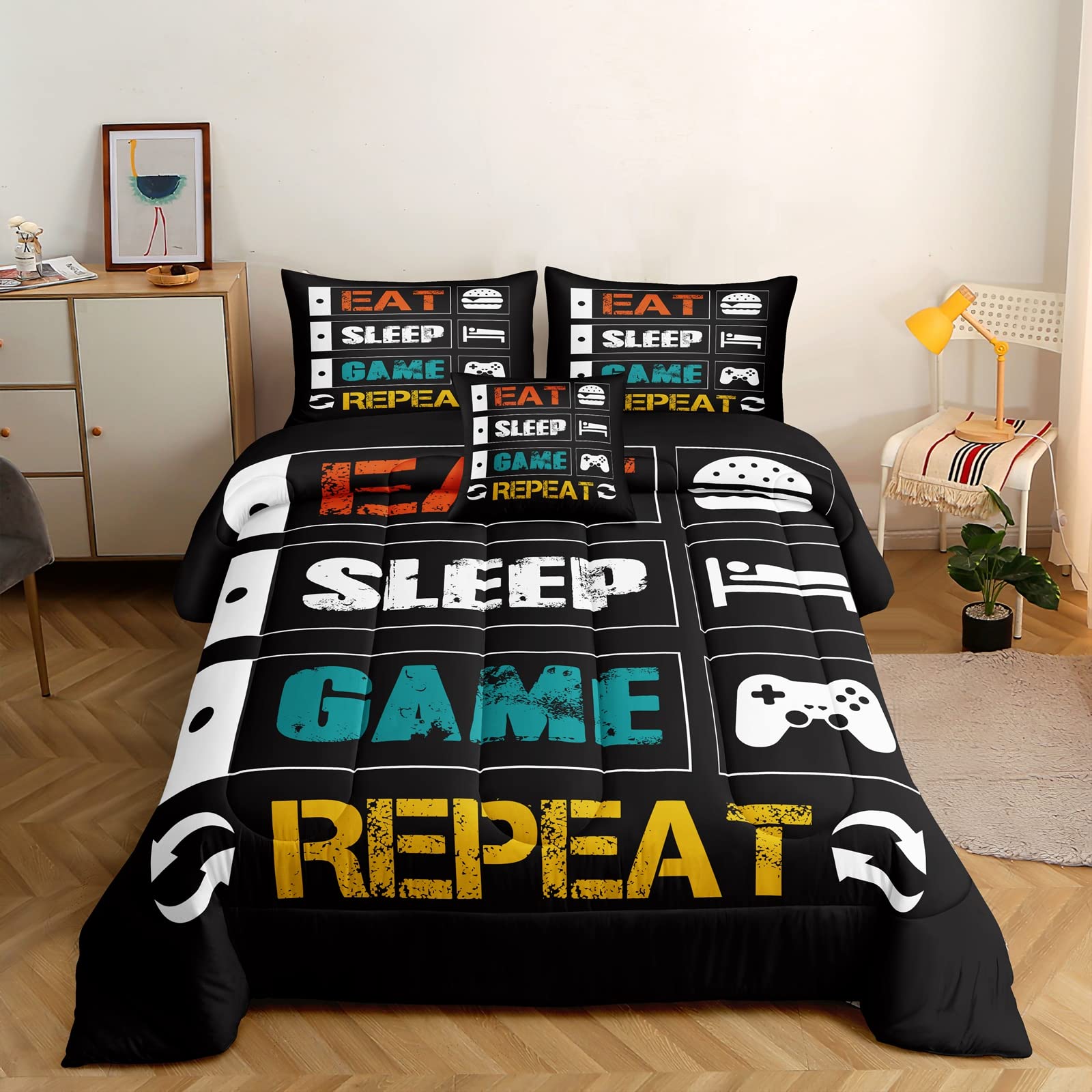 ROWADALO 6 Pieces Gaming Bedding Set for Boys Gamer Comforter Set Full Size,Game Controller Comforter for Boys Kids Teen 3D Gamepad Microfiber Bedding Sets 6 Pieces Bed in A Bag Sets-H5008,Full