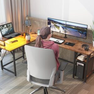 SZXKT L Shaped Gaming Desk with Power Outlets and Monitor Stand, Computer Desk with LED Lights,Home Office Desks Large Writing Study Table Workstation with Hooks Desk for Bedroom, Rustic Brown