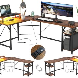 SZXKT L Shaped Gaming Desk with Power Outlets and Monitor Stand, Computer Desk with LED Lights,Home Office Desks Large Writing Study Table Workstation with Hooks Desk for Bedroom, Rustic Brown