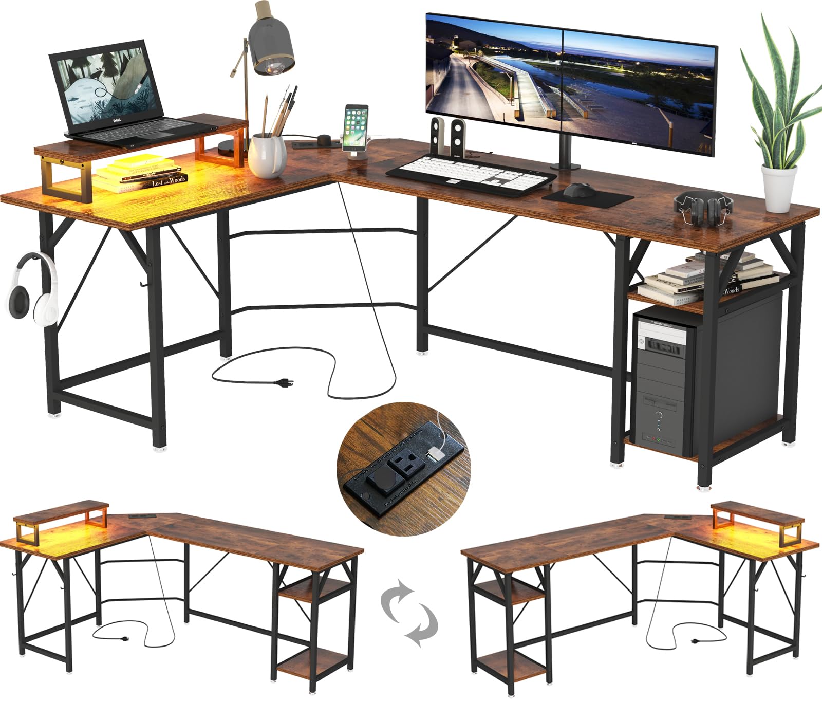 SZXKT L Shaped Gaming Desk with Power Outlets and Monitor Stand, Computer Desk with LED Lights,Home Office Desks Large Writing Study Table Workstation with Hooks Desk for Bedroom, Rustic Brown