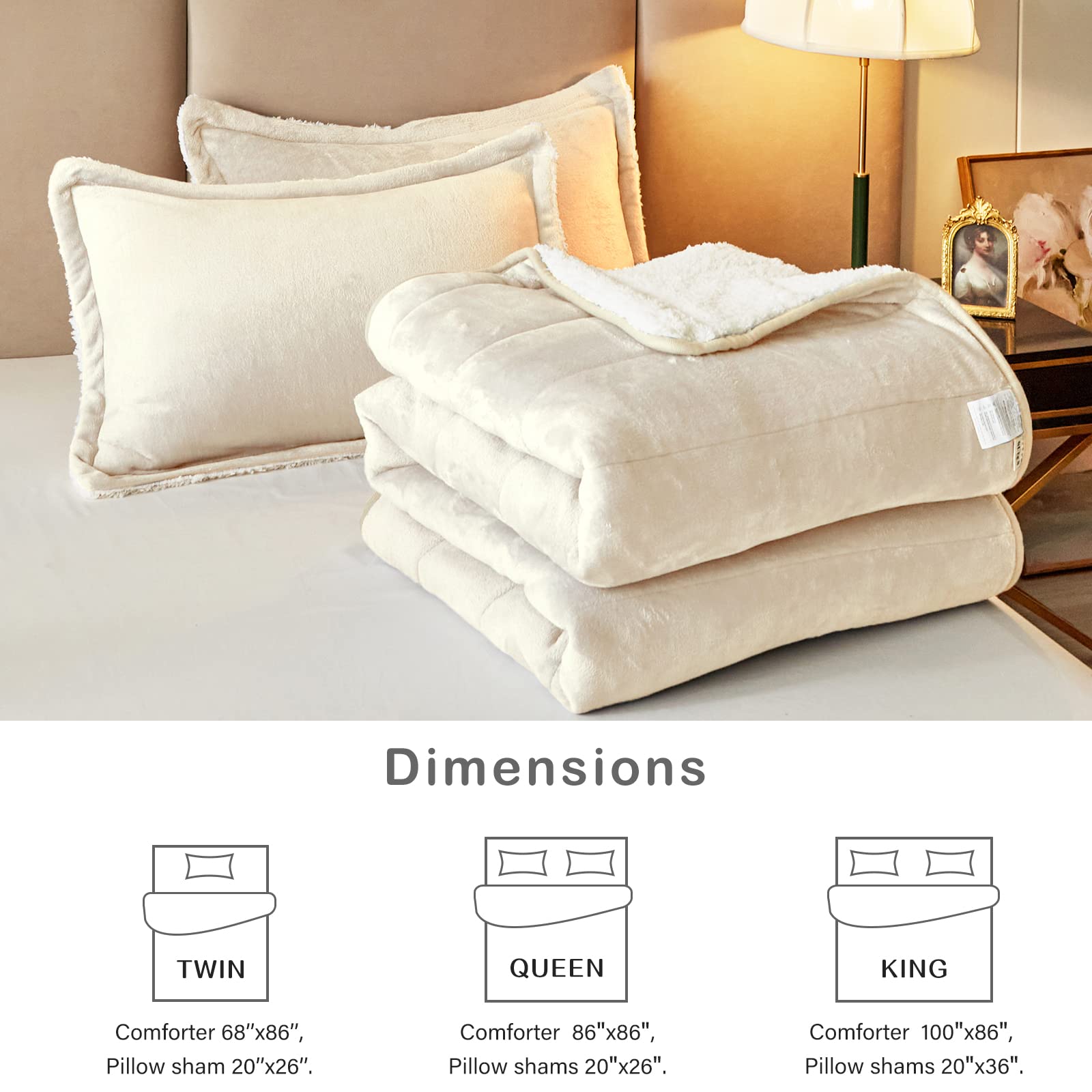 3-Layer Luxury Flannel Fleece Thick Bed Blanket Twin Size for Girls, Soft Plush Velvet Sherpa Blanket with 2 Pillow Shams Heavy Warm for Winter, Breathable n Washable, Cream White