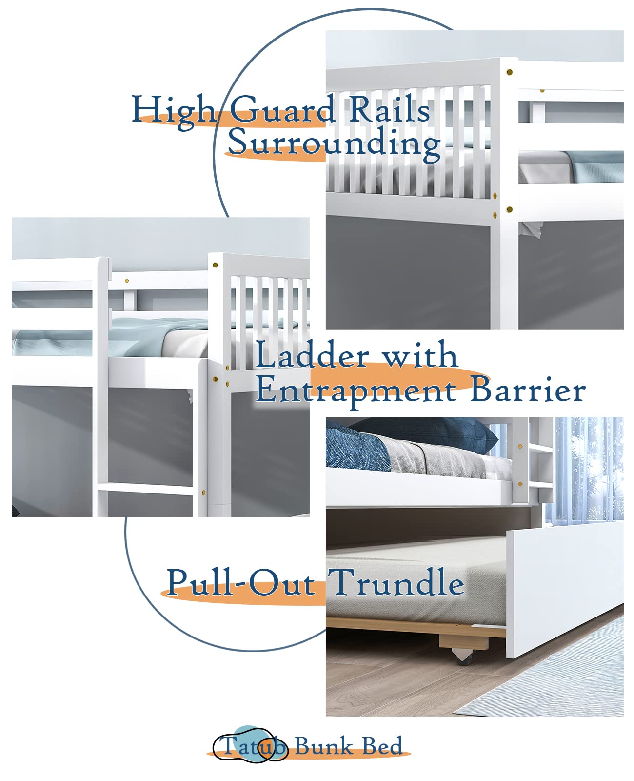 Tatub Full Over Full Bunk Bed with Trundle, Pine Wood Frame, Ladder and Guard Rails, Solid Bunk Bed with Trundle for Kids, Teens, Adults, No Box Spring Needed, Grey