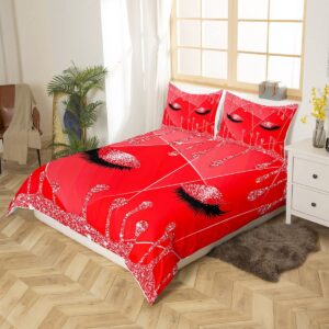 Feelyou Eyelash Duvet Cover Eyes Pattern Design Comforter Cover Glitter Print (No Glitter) Red Bedding Set for Adults Modern Simple Lovely Bedspread Cover Ultra Soft Quilt Cover 3Pcs Queen Size