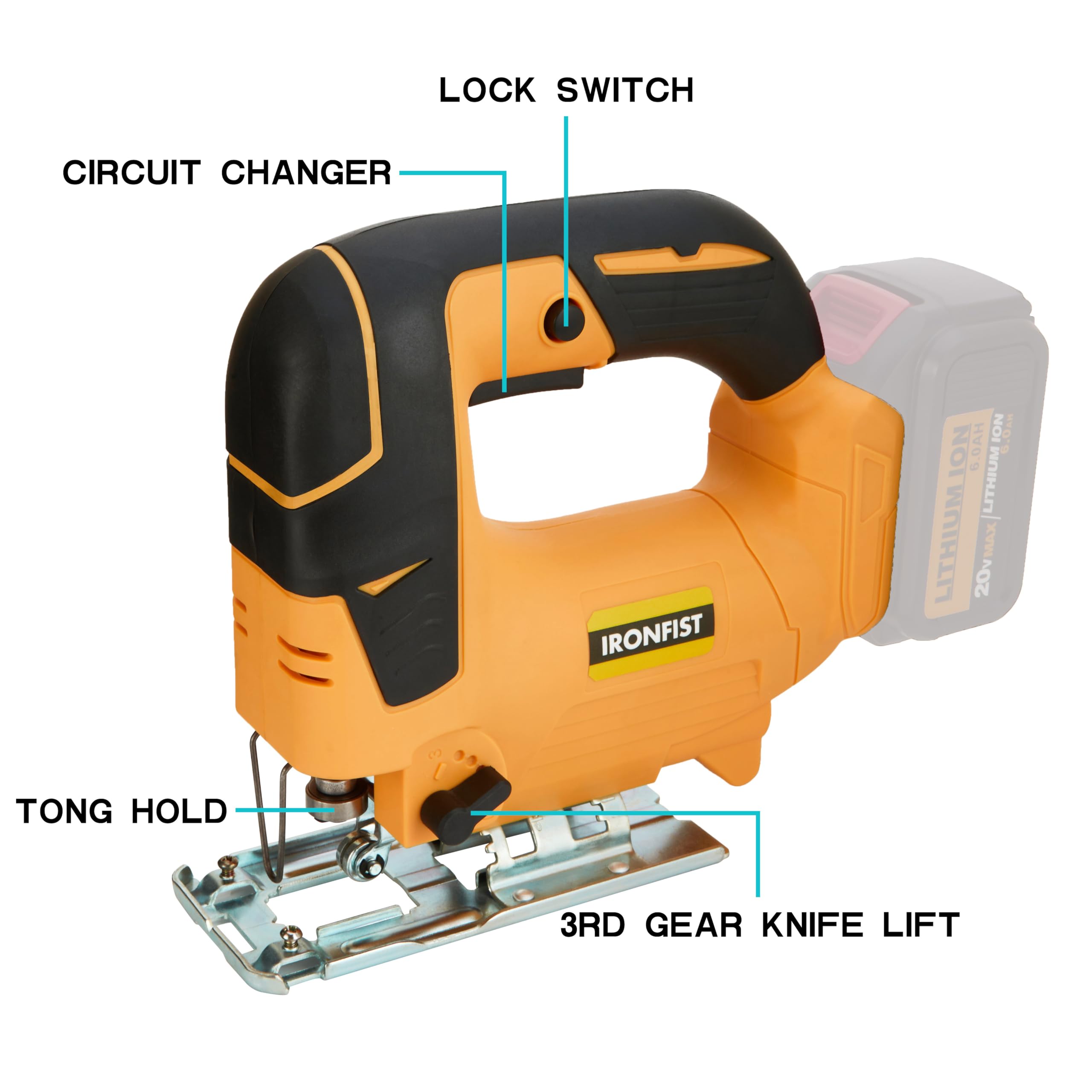 IRONFIST Jig Saw, Cordless 20V Lithium Saber saw, Adjustable 4-Position Orbital wood and metal cutting machine Compatible with DEWALT Battery (Tool Only, NO Battery)