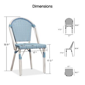 PURPLE LEAF Dining Chair Set of 2 Outdoor French Bistro Chairs Hand-Woven Aluminum Wicker Rattan Chairs for Garden Kitchen Backyard Porch White Print Finish Patio Chairs Light Blue