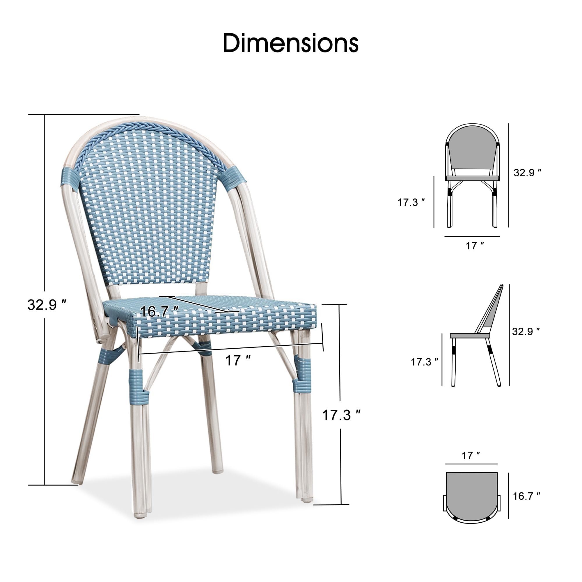 PURPLE LEAF Dining Chair Set of 2 Outdoor French Bistro Chairs Hand-Woven Aluminum Wicker Rattan Chairs for Garden Kitchen Backyard Porch White Print Finish Patio Chairs Light Blue