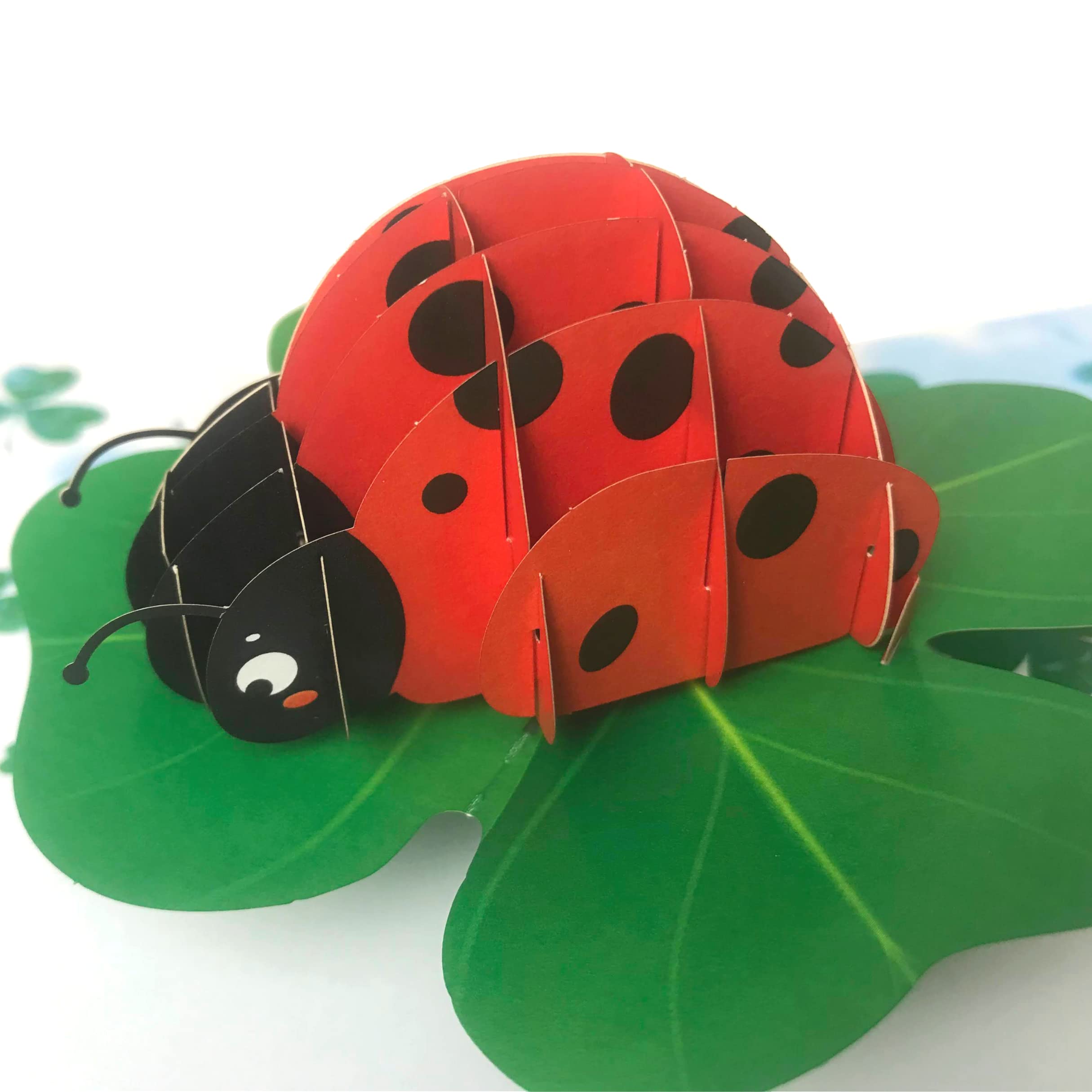 Paper Pop Up Cards 4.7x6.69 inch, ladybug with lucky plant, 3D Popup Greeting Cards with Note Cards and Envelopes, perfect for pop-up bursting birthday gift.