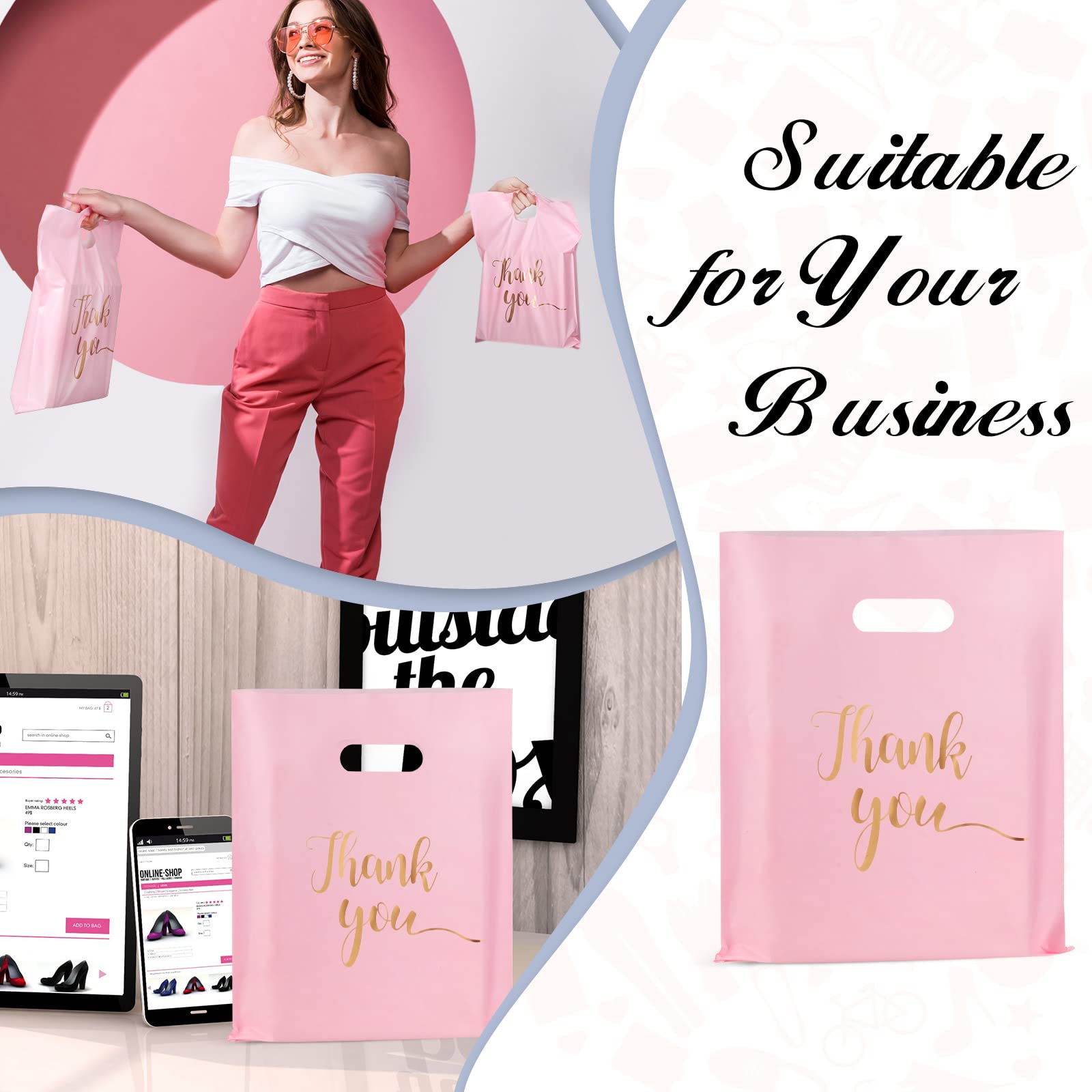 200 Pieces Plastic Thank You Bags Plastic Shopping Bags for Small Business Pink Gift Bags with Handles Merchandise Bags with Gold Thank You Logo for Party Stores Business Gift Supplies (12 x 15 Inch)