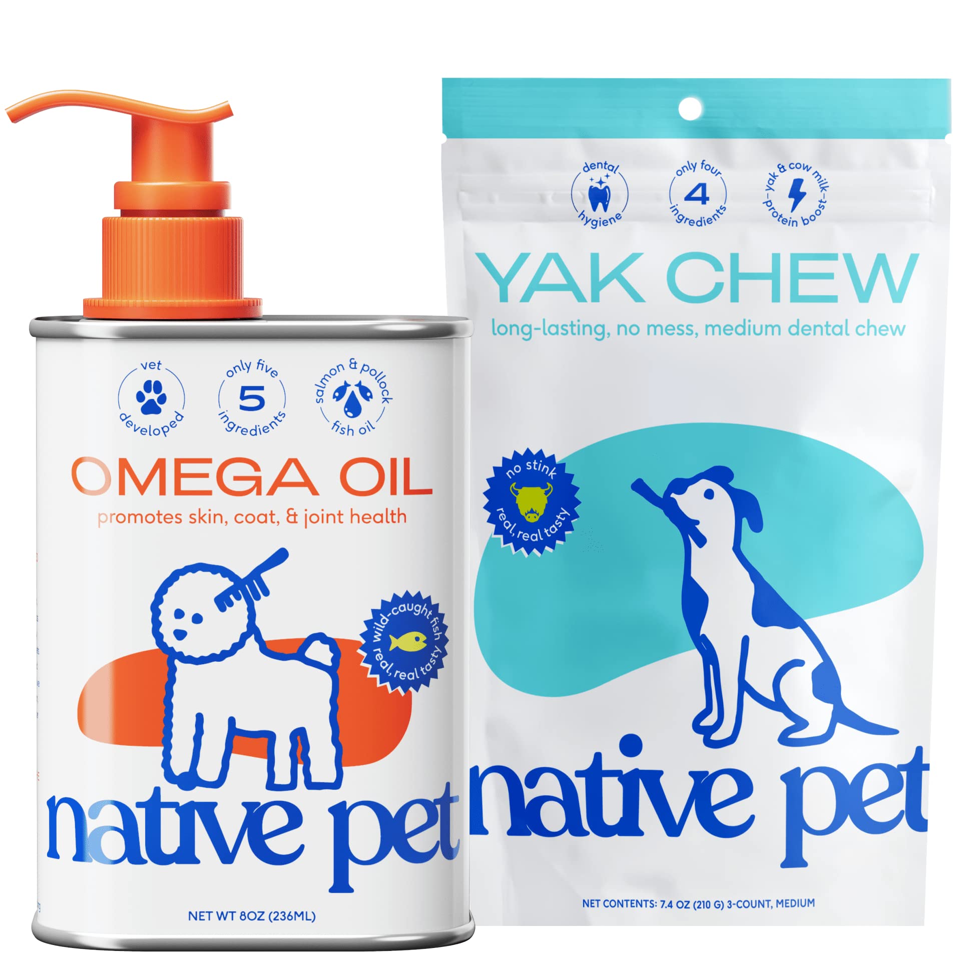 Native Pet Omega Oil for Dogs - Dog Fish Oil Supplements & Yak Chews for Dogs | Pasture-Raised and Organic Yak Cheese Himalayan Churpi Chews | 8 Oz. & 3 Medium Yak Chews