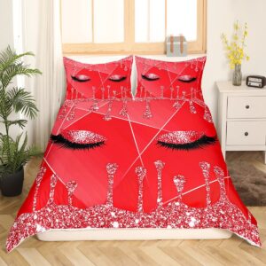 Feelyou Eyelash Duvet Cover Eyes Pattern Design Comforter Cover Glitter Print (No Glitter) Red Bedding Set for Adults Modern Simple Lovely Bedspread Cover Ultra Soft Quilt Cover 3Pcs Queen Size