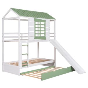 House Bunk Beds with Slide and Trundle Twin Over Twin Bunk Bed Wood Fun Playhouse Bunked Frame for Kids Girls Boys Teens, White with Green