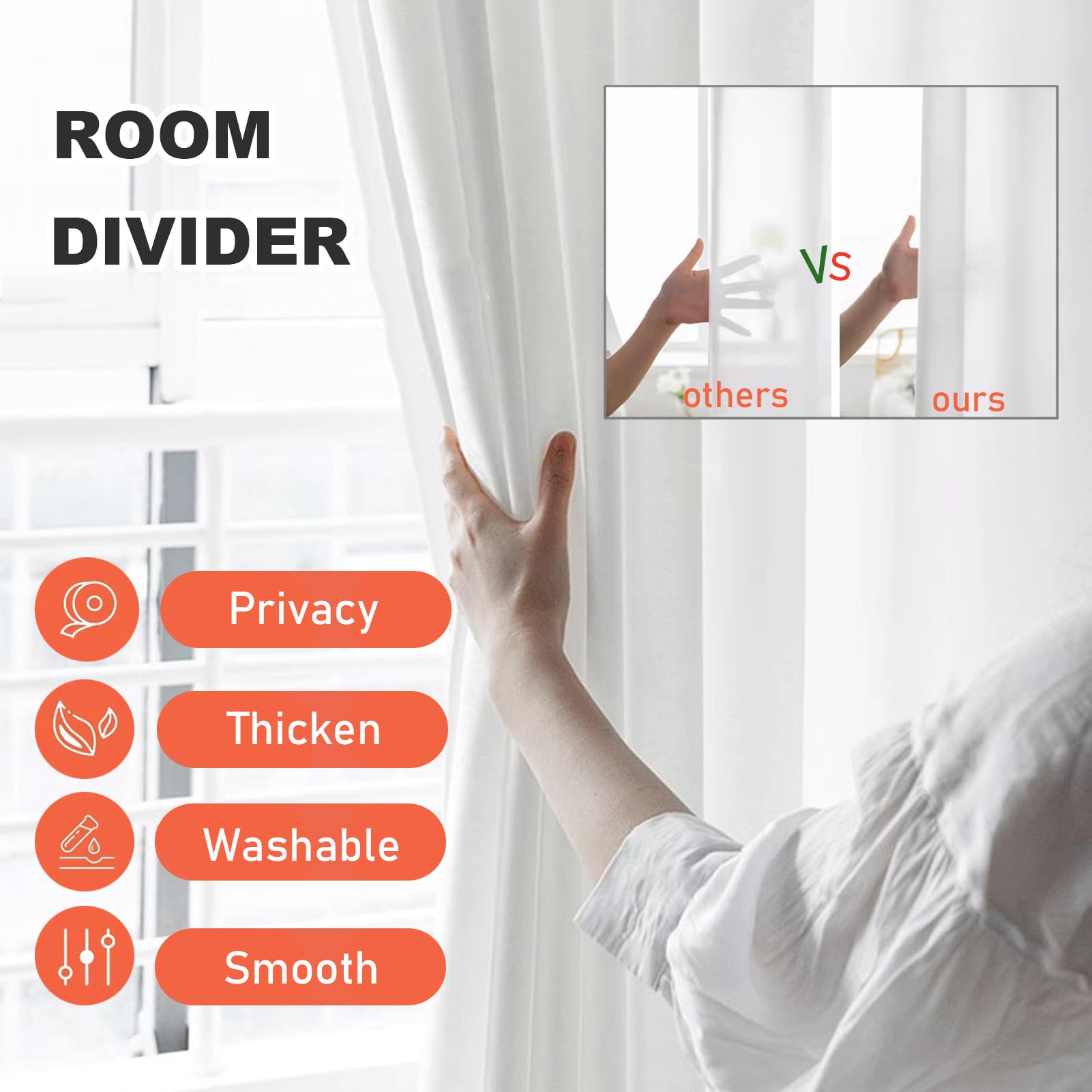 Privacy Partition Curtains, U-Shape Room Divider, Metal Support Wall Mounted Curtains, 6.56ft White Flat Hooks Medical Curtain for Fitting Room Beauty Salon Bedroom (White, 6.56ft)