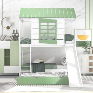 House Bunk Beds with Slide and Trundle Twin Over Twin Bunk Bed Wood Fun Playhouse Bunked Frame for Kids Girls Boys Teens, White with Green