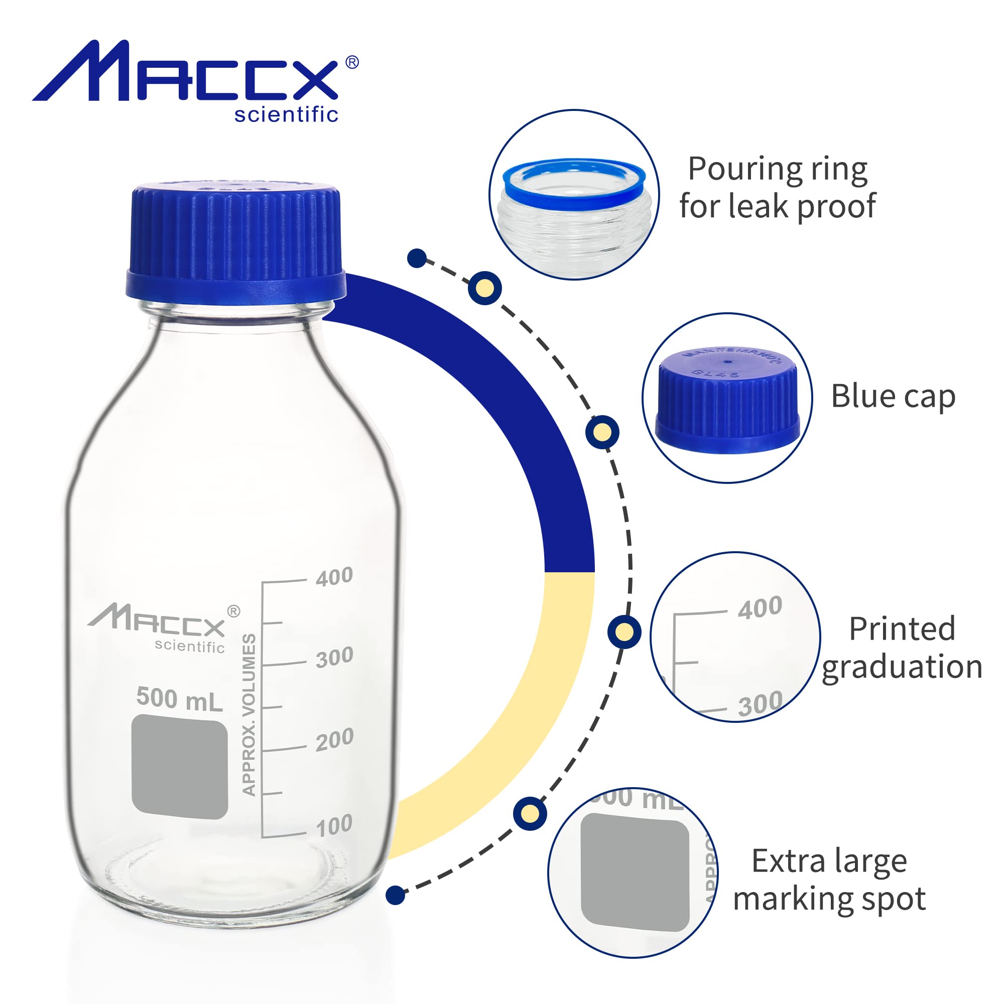 Maccx 17oz (500ml) Glass Round Media Storage Bottles,Pack of 6, Heavy-duty Borosilicate Glass Bottle with GL45 Screw Cap, GL45RB500-006