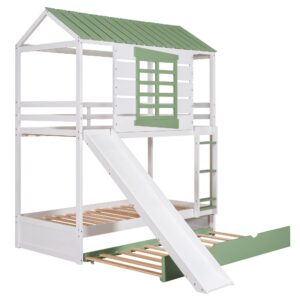 House Bunk Beds with Slide and Trundle Twin Over Twin Bunk Bed Wood Fun Playhouse Bunked Frame for Kids Girls Boys Teens, White with Green