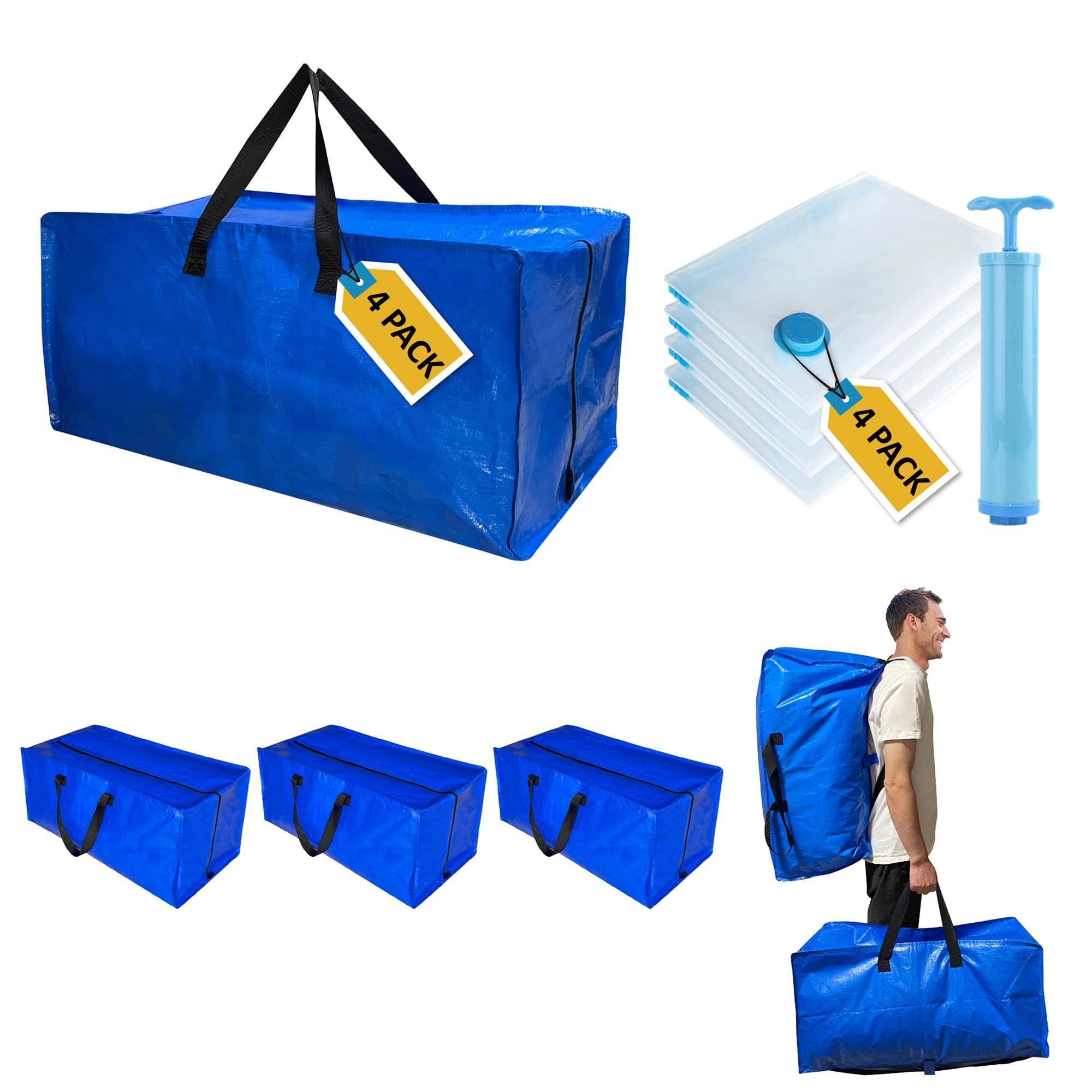 8 Pack Heavy Duty Extra Large Moving Bags with Backpack Straps & Large Vacuum Storage Bags Moving Supply Combo, Moving Totes with Handles & Zippers for Space Saving, Fold Flat, Includes Vacuum Bags