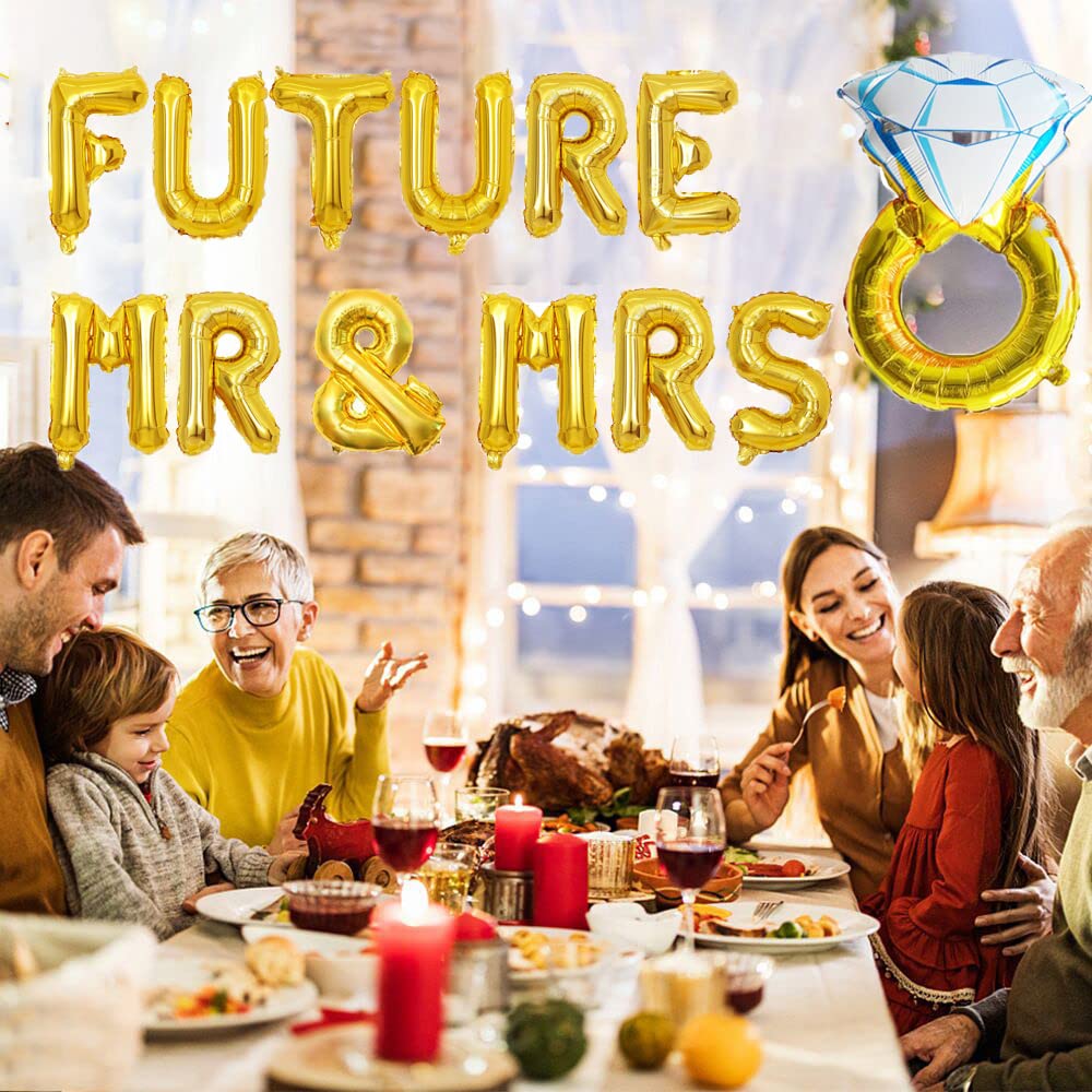 KUNGOON Gold FUTURE MR & MRS Balloon Banner,Diamond Ring Theme Bride and Groom Party Decorations for Bridal Shower and Engagement Party.