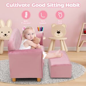 INFANS Kids Sofa with Ottoman, 2 Seat Toddler Upholstered Couch, Children Armrest Chair Lounge for Nursery Kindergarten Kids Room Boys Girls, Sturdy Wood Construction Velvet Surface (Pink, 2 Seats)