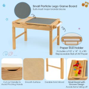 Costzon Kids Table, 3 in 1 Wood Building Block Desk w/Storage, Paper Roll, Reversible Tabletop for Toddler Arts, Crafts, Drawing, Reading, Playing, Gift for Boys Girls, Activity Table (Natural)