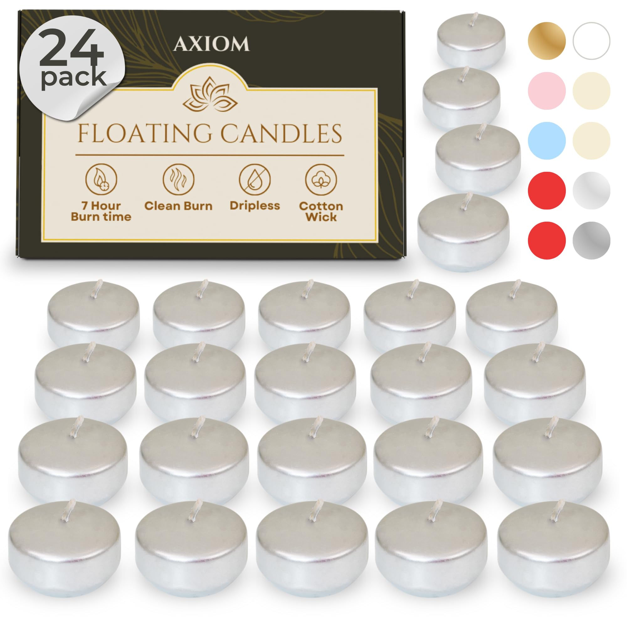 Axiom Floating Candles for Centerpieces - 24-Pack, Floating Candle 2 inch Hand-Rolled Paraffin, Cotton Wicks, 4-Hour Clean Burn - Unscented, Dripless Water Candles for Weddings, Parties, Home Decor