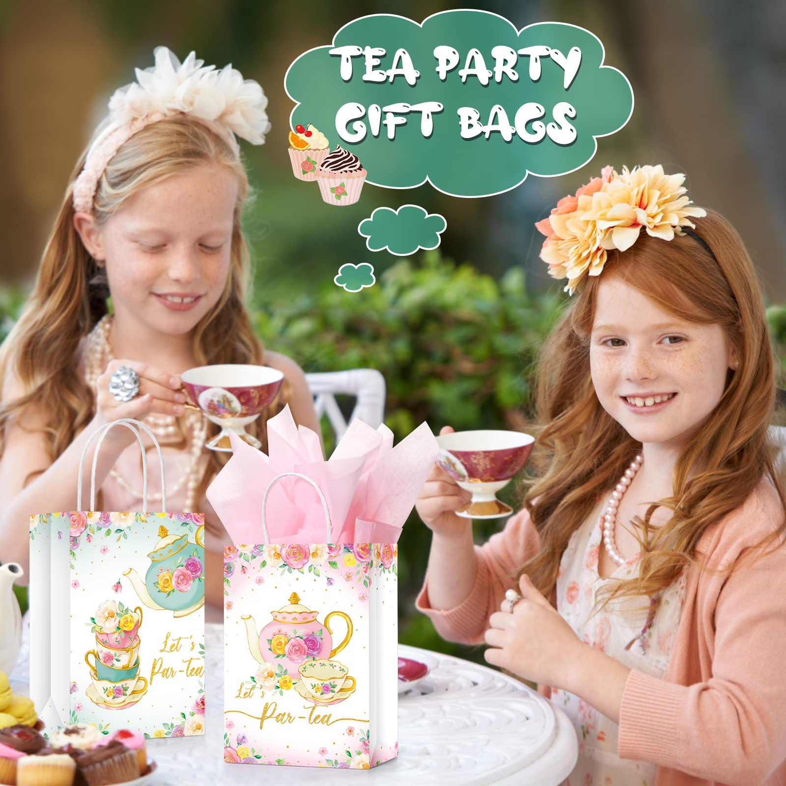 16 Pcs Tea Party Gift Bags with Tissue Paper Pink and Green Tea Party Goodie Treat Bags Spring Themed Bags Tea Baby Girl Paper Bags Floral Tea Party Supplies for Girl Kid Birthday Baby Shower Party