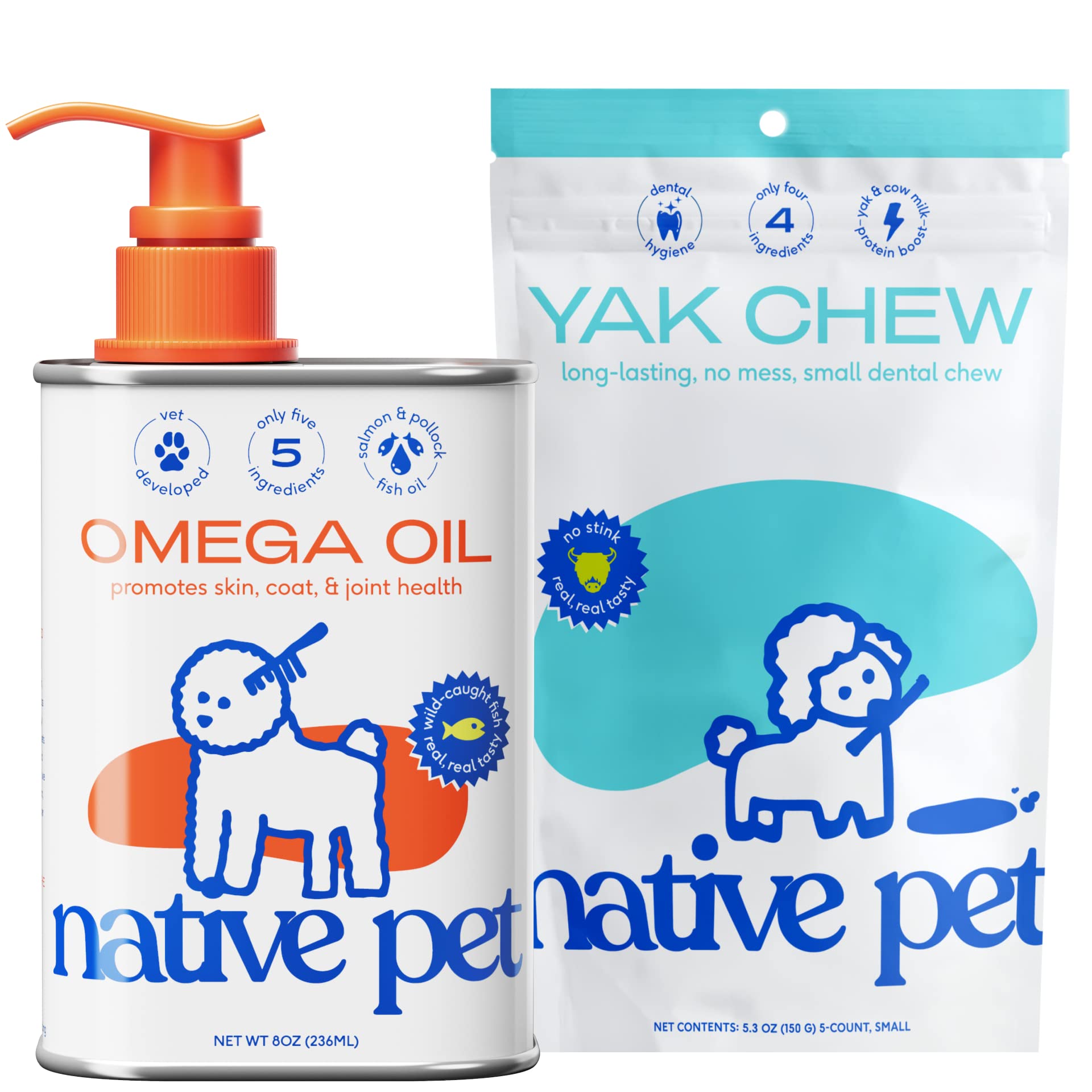 Native Pet Omega Oil for Dogs - Dog Fish Oil Supplements & Yak Chews for Dogs | Pasture-Raised and Organic Yak Cheese Himalayan Churpi Chews | 8 Oz. & 5 Small Yak Chews