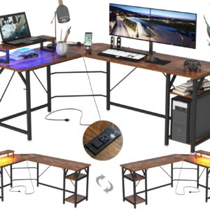 SZXKT L Shaped Gaming Desk with Power Outlets and Monitor Stand, Computer Desk with LED Lights,Home Office Desks Large Writing Study Table Workstation with Hooks Desk for Bedroom, Rustic Brown