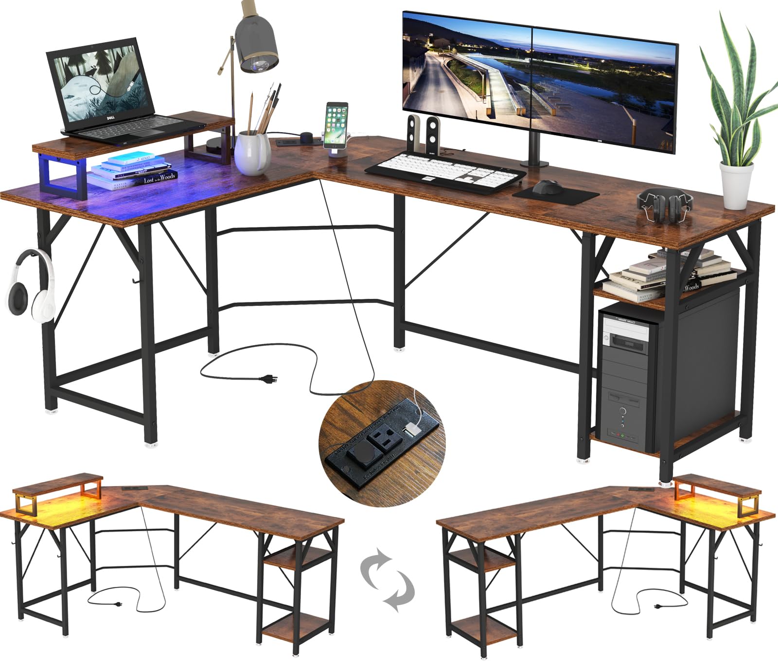 SZXKT L Shaped Gaming Desk with Power Outlets and Monitor Stand, Computer Desk with LED Lights,Home Office Desks Large Writing Study Table Workstation with Hooks Desk for Bedroom, Rustic Brown