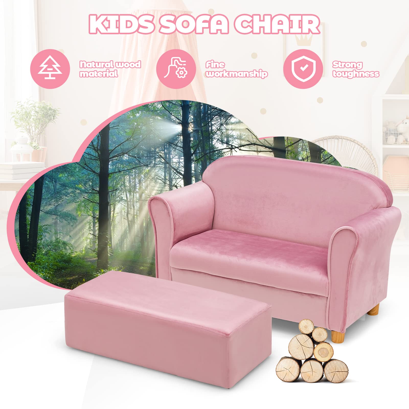 INFANS Kids Sofa with Ottoman, 2 Seat Toddler Upholstered Couch, Children Armrest Chair Lounge for Nursery Kindergarten Kids Room Boys Girls, Sturdy Wood Construction Velvet Surface (Pink, 2 Seats)