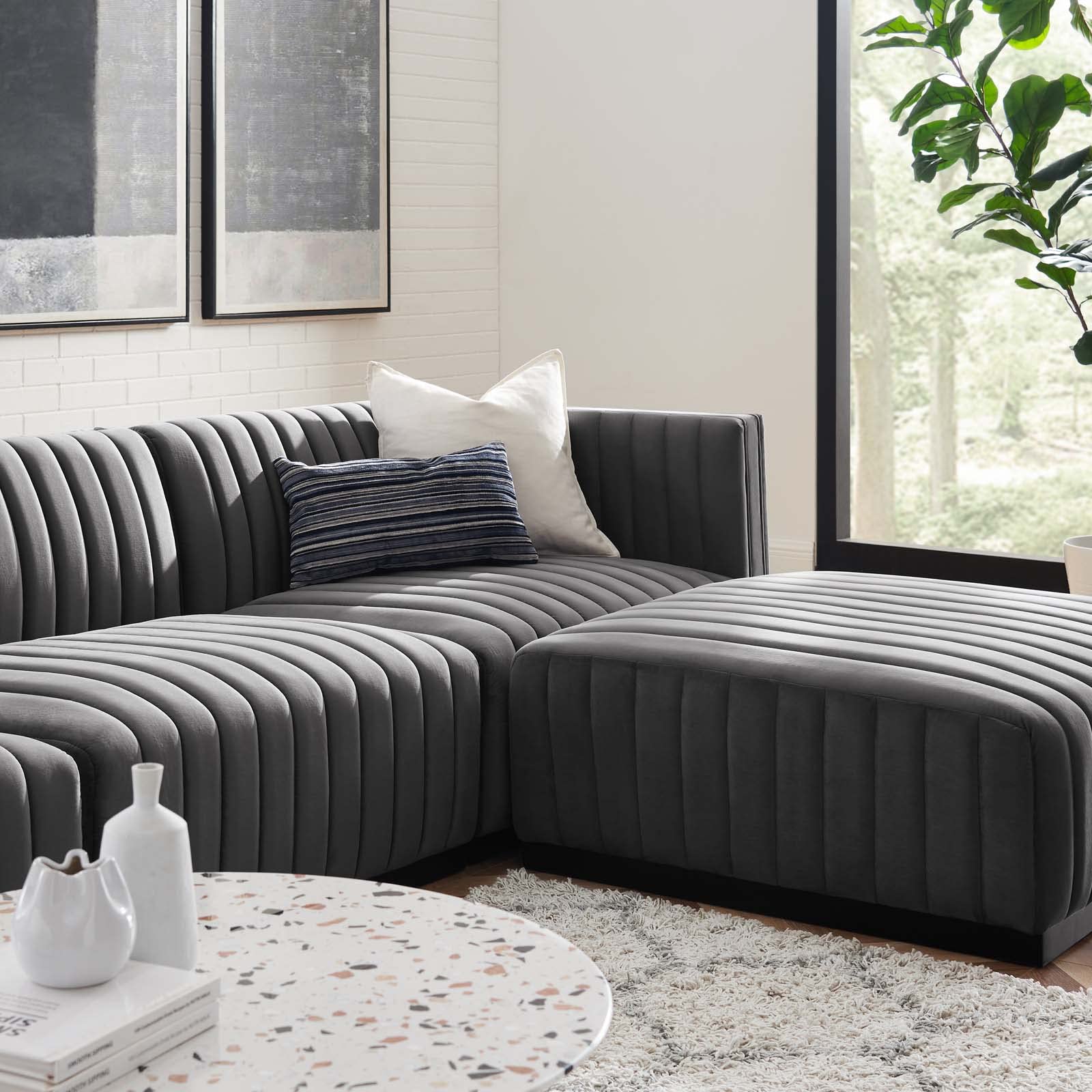 Modway Conjure Channel Tufted Performance Velvet Sectional, 4-Piece w/Chaise, Black Gray